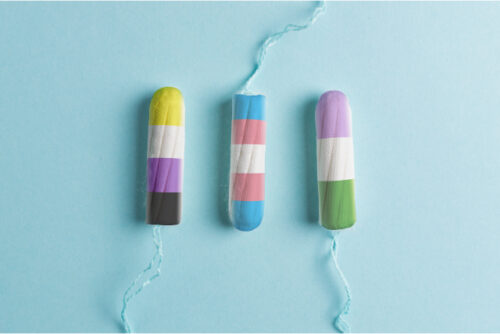 Image of three multi-colored tampons .
