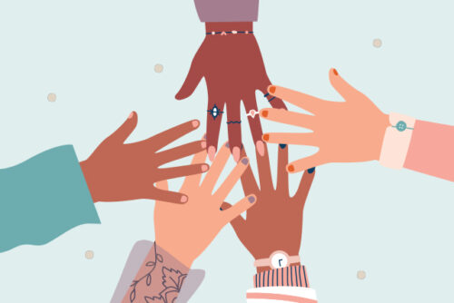 Image of five hands grouped together in a sign of unison and community when searching for mental health support.