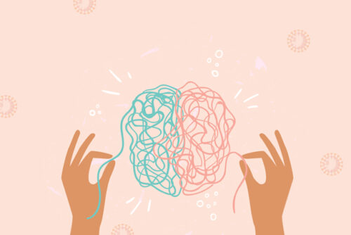 Graphic of two hands holding two different pieces of string that twist into shapes of both sides of the brain. This image is supposed to represent balancing anxiety and mental health.