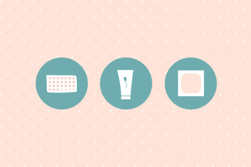 Graphic showing three different types of birth control to talk to your doctor about.