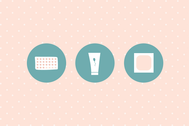 Graphic showing three different types of birth control to talk to your doctor about.