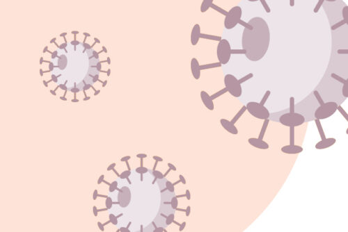 Graphic representing the COVID-19 virus and related information.