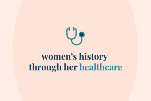 Graphic that states: "Women’s history through her healthcare" for Women's History Month 2021