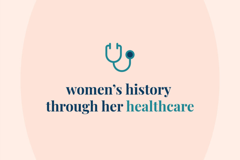 Graphic that states: "Women’s history through her healthcare" for Women's History Month 2021