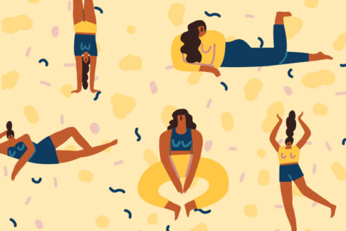 A person posing in several positions with their body while practicing self love for her body.