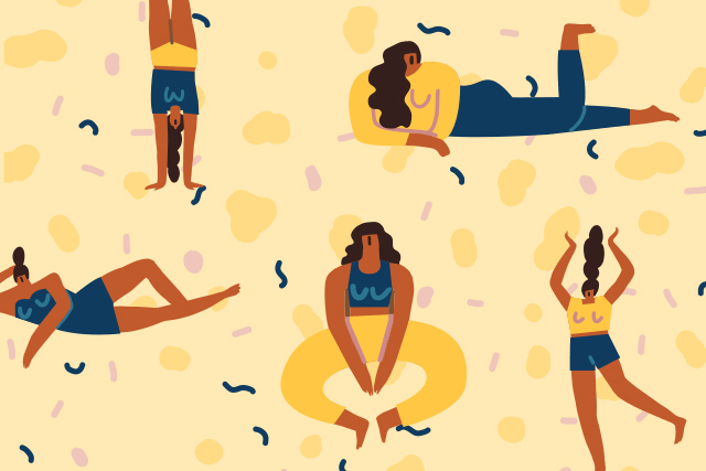A person posing in several positions with their body while practicing self love for her body.