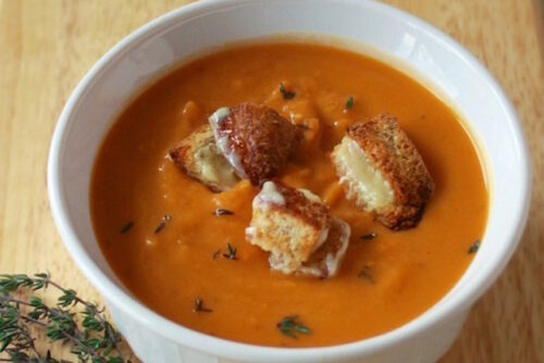 sweet potato soup and cheese croutons
