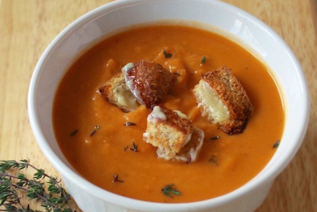 sweet potato soup and cheese croutons