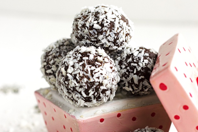A container of healthy truffle balls from the article's recipe.