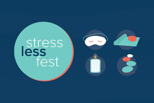 Digital graphic of candle, someone sleeping, a yoga mat, and other items that help reduce stress.