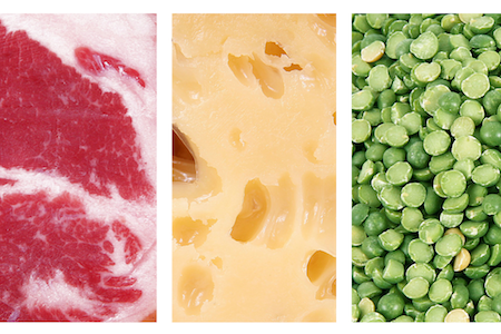 protein illustrated with red meat, yellow cheese, and green peas