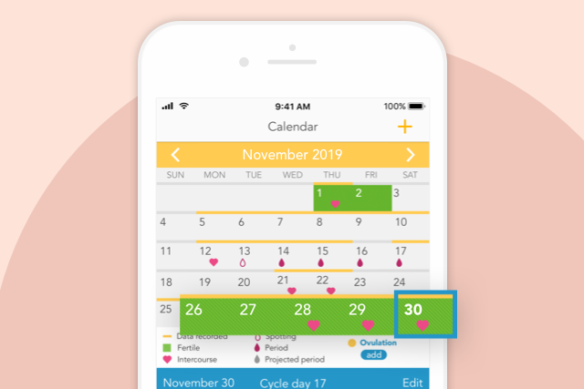 Ovia Fertility Calendar with fertile window.