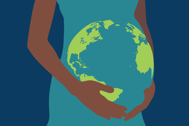 An illustration of woman with globe on pregnant belly that's meant to represent the importance of surrogacy.