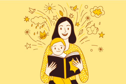illustration of mother reading to baby