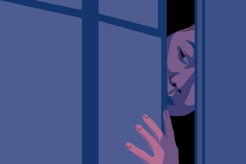 illustration of concerned mother peeking into bedroom