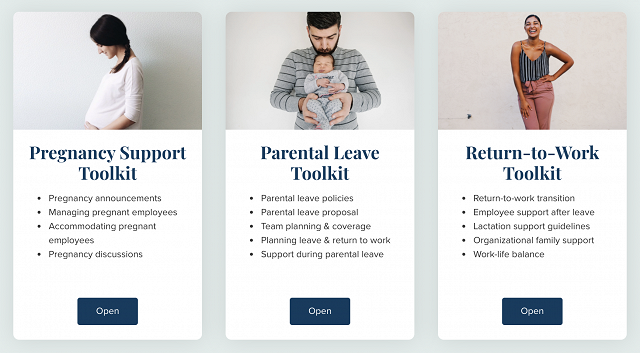 Manager Training Resource Center includes toolkits on pregnancy support, parental leave and return-to-work.