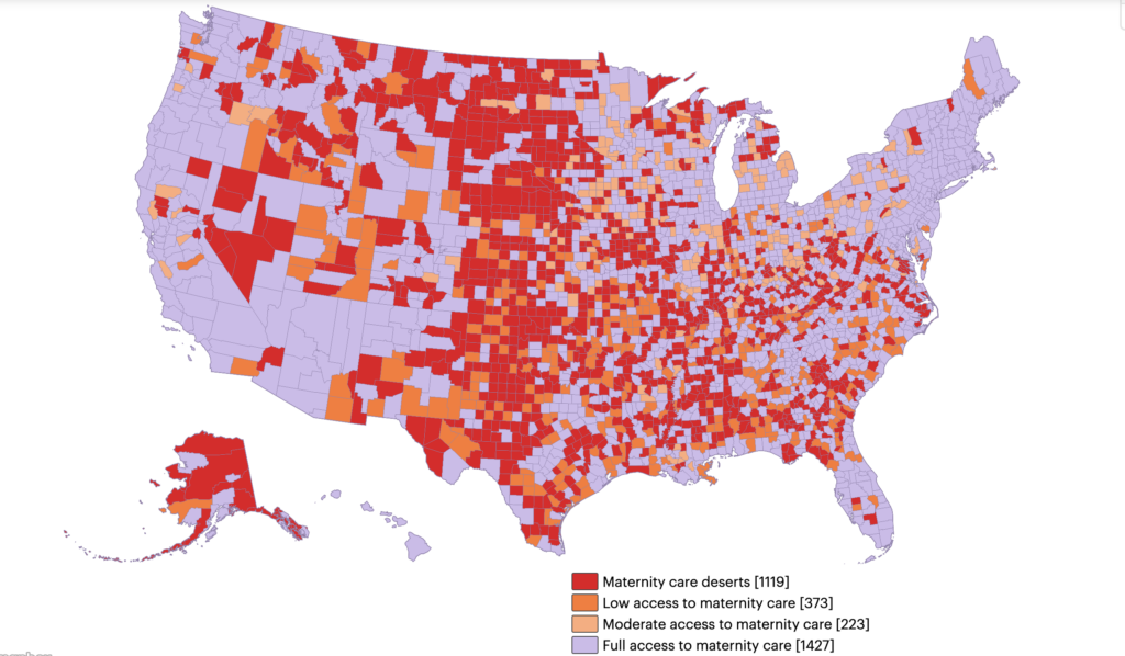 Map depicting the maternity care deserts in the U.S. 