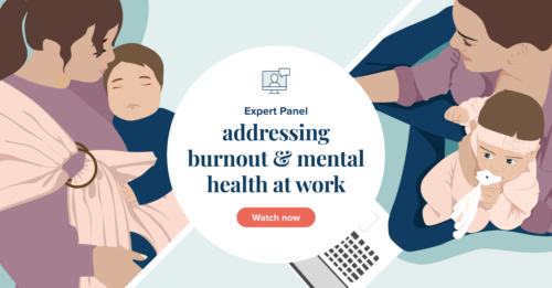 Mental Health Webinar Tile Image Featuring Moms working while holding babies